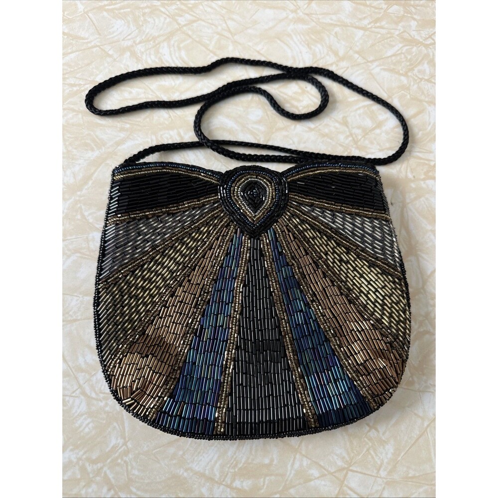 Evening Bag /Purse Bugle Beads Ray Pattern Gold Silver Copper Black Blue